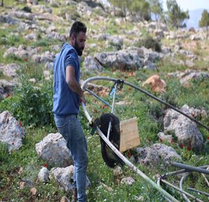 الشاب ماجد عنبوسي يساعد عائلة عمه عمير في نصب خيمة لإيوائهم في منطقة عينون شرق طوباس بعد تهجيرهم قسرا عن خربة يرزا (تصوير: إسراء غوراني/وفا)